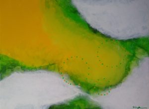 Großes Acrylbild mit gelb, weiß und grün vermischt